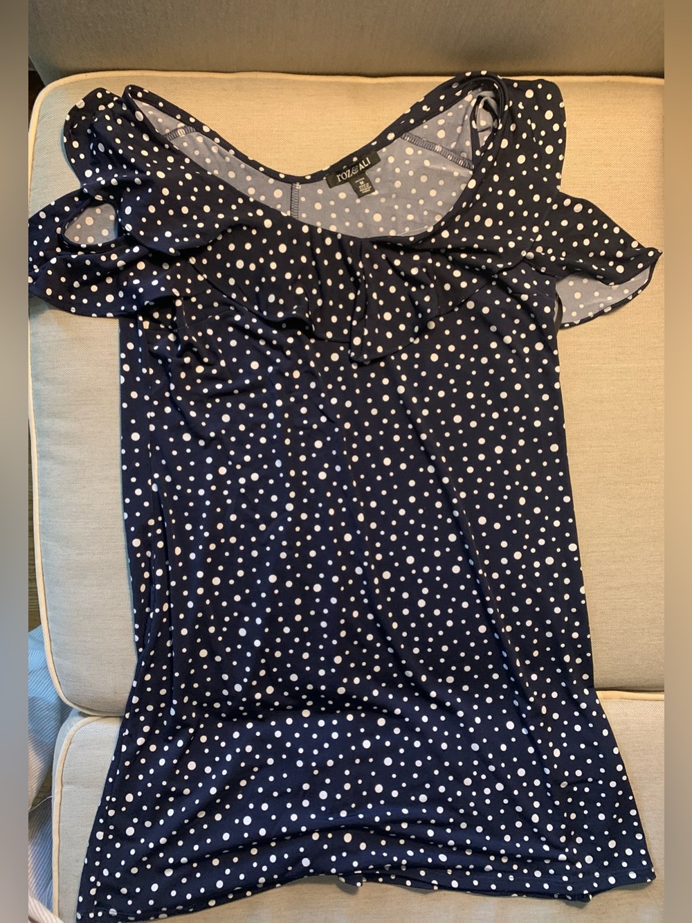 Roz & Ali Navy Blue Polka Dot Ruffle Shoulder Top